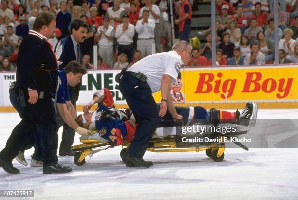 St. Louis Blues Chris Pronger being wheeled off ice on a stretcher after injury from taking a shot on the chest during 3rd period of Game 2 vs...