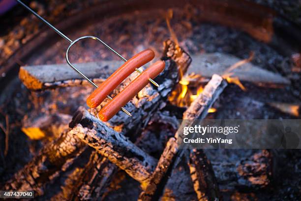 hot dogs roasting on open fire in outdoor camping - roasted stock pictures, royalty-free photos & images