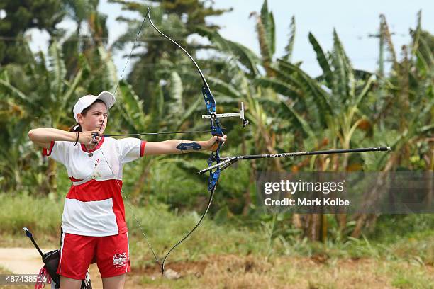 Elizabeth Warner of England competes in the recurve bow individual girls archery final at the Tuanaimato Sports Facility on day four of the Samoa...