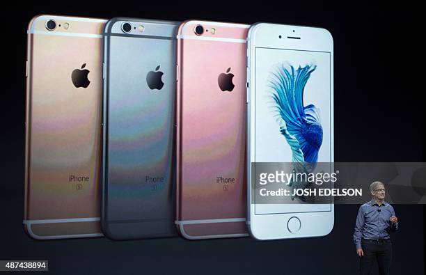 Apple CEO Tim Cook introduces the iPhone 6s during an Apple media event in San Francisco, California on September 9, 2015. Apple unveiled its iPad...