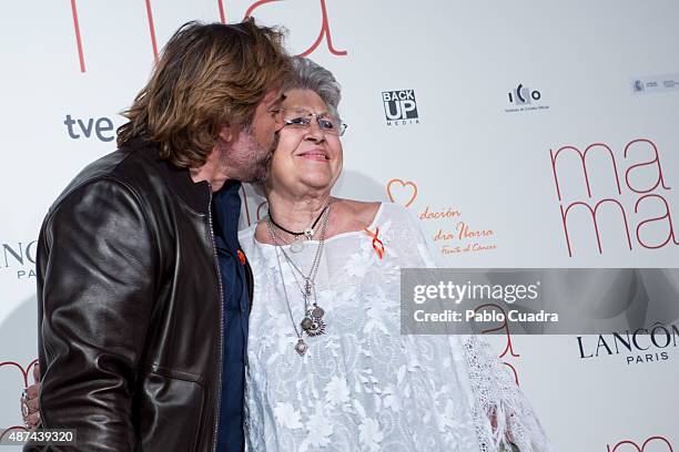 Actor Javier Bardem and his mother Pilar Bardem attend the 'Ma Ma' premiere at the Capitol Cinema on September 9, 2015 in Madrid, Spain.