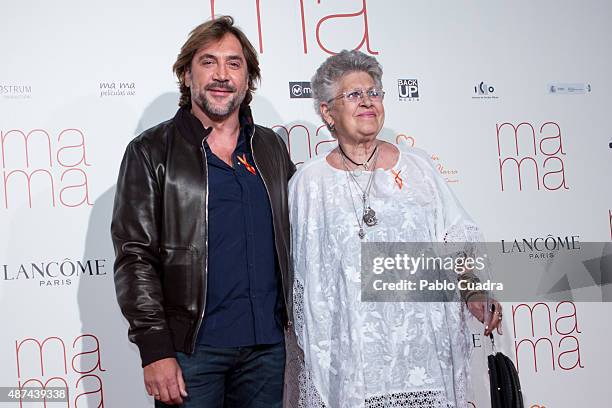 Actor Javier Bardem and his mother Pilar Bardem attend the 'Ma Ma' premiere at the Capitol Cinema on September 9, 2015 in Madrid, Spain.