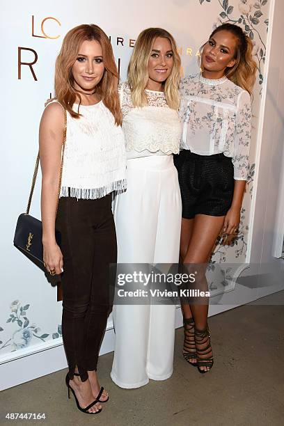 Actress Ashley Tisdale, designer Lauren Conrad, and model Chrissy Teigen pose backstage at the LC Lauren Conrad fashion show during New York Fashion...