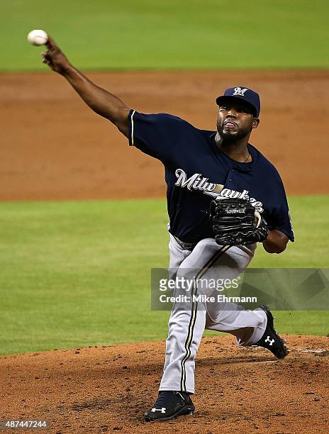 Ariel Pena of the Milwaukee Brewers pitches during a a game against the Miami Marlins at Marlins Park on September 9, 2015 in Miami, Florida.