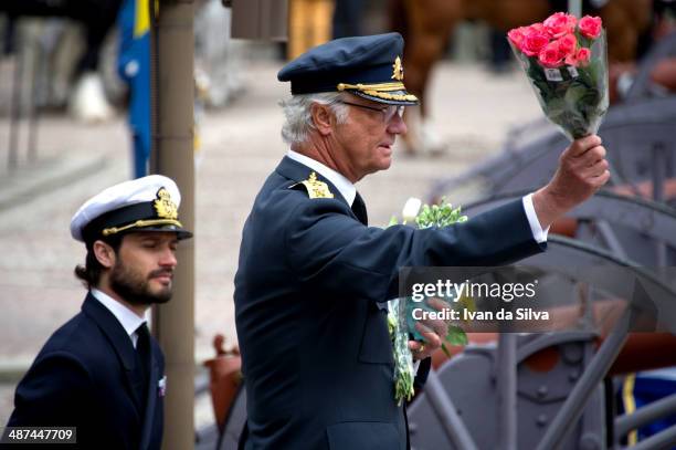 King Carl XVI Gustaf of Sweden & Prince Carl Philip attend the birthday cermony of King Carl XVI Gustaf of Sweden at the Royal Palace on April 30,...