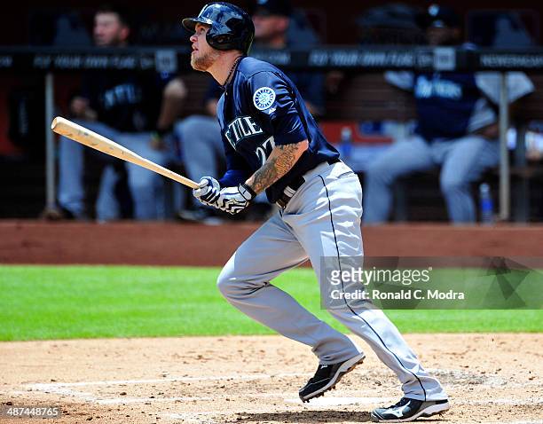 Corey Hart of the Seattle Mariners bats during a game against the Miami Marlins at Marlins Park on April 20, 2014 in Miami, Florida.