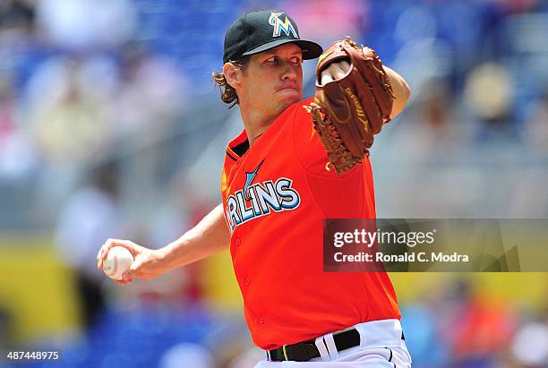 Pitcher Kevin Slowey of the Miami Marlins pitches during a game against the Seattle Mariners at Marlins Park on April 20, 2014 in Miami, Florida.