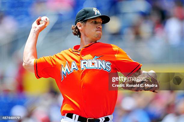 Pitcher Kevin Slowey of the Miami Marlins pitches during a game against the Seattle Mariners at Marlins Park on April 20, 2014 in Miami, Florida.