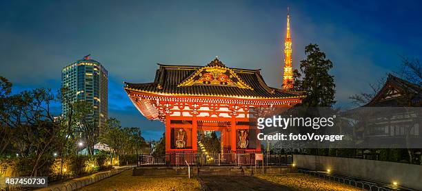 tempel gate und tokyo tower beleuchtet zojo-ji shiba park japan - torii tor stock-fotos und bilder