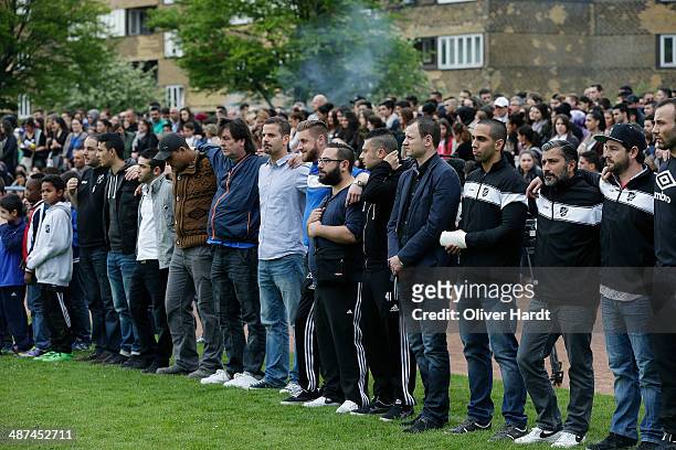 Team-mates, friends and relatives gather to remember Diren Dede at his football club, SC Teutonia 1910, on April 30, 2014 in Hamburg, Germany. German...