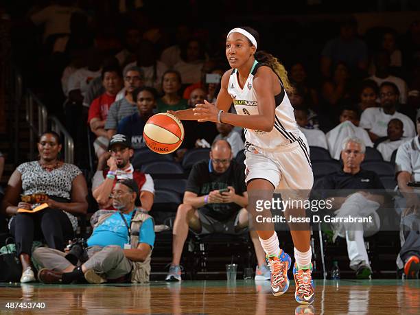 Candice Wiggins of the New York Liberty handles the ball against the Connecticut Sun on September 9, 2015 at Madison Square Garden, New York City ,...