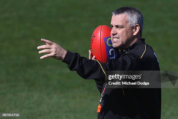 Assistant coach Mark Williams gestures during a Richmond Tigers AFL training session at ME Bank Centre on September 10, 2015 in Melbourne, Australia.