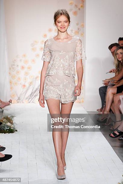 Model walks the runway wearing LC Lauren Conrad Spring 2016 during New York Fashion Week at Skylight Modern on September 9, 2015 in New York City.