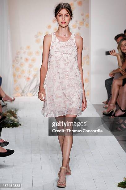 Model walks the runway wearing LC Lauren Conrad Spring 2016 during New York Fashion Week at Skylight Modern on September 9, 2015 in New York City.