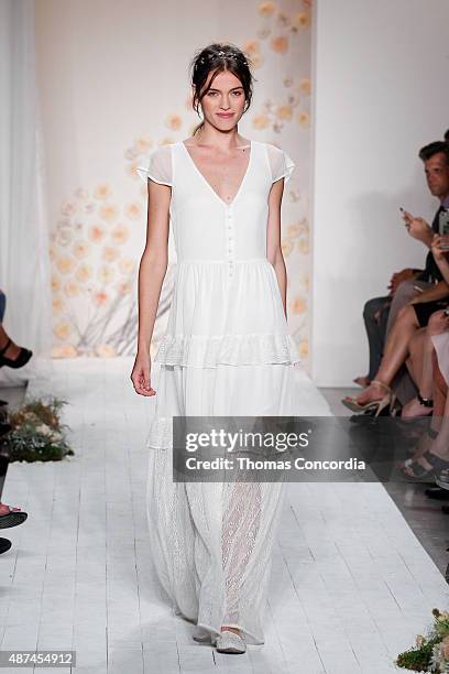 Model walks the runway wearing LC Lauren Conrad Spring 2016 during New York Fashion Week at Skylight Modern on September 9, 2015 in New York City.