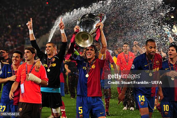 Carlos Puyol of Barcelona celebrates at the end of D the UEFA Champions League Final match between Barcelona and Manchester United at the Stadio...
