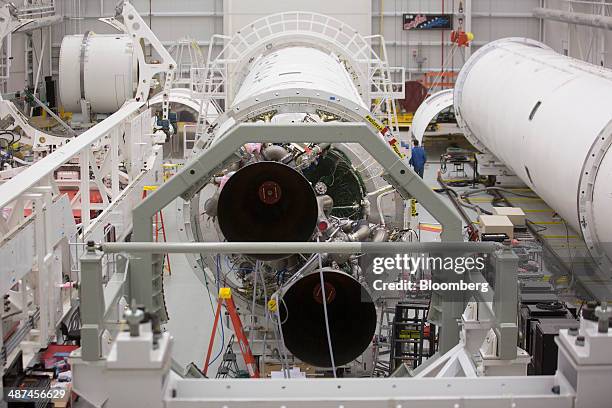 Antares rockets sit inside the Orbital Sciences Corp. Horizontal integration facility at the National Aeronautics and Space Administration Wallops...