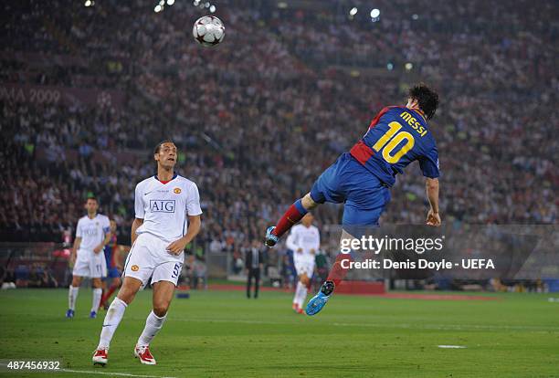 Lionel Messi of Barcelona heads in their second goal during the UEFA Champions League Final match between FC Barcelona and Manchester United at the...