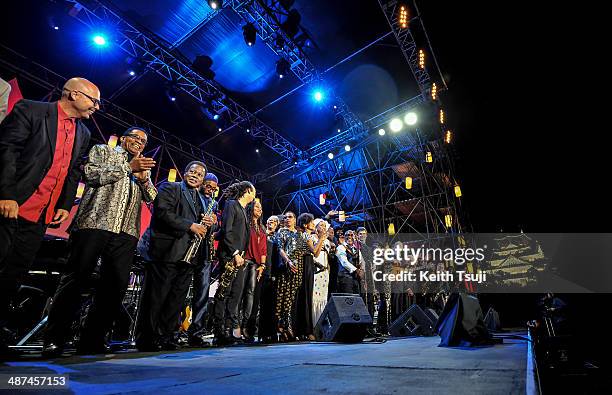 The day's performers gather on stage at the end of the 2014 International Jazz Day Global Concert on April 30, 2014 in Osaka, Japan.