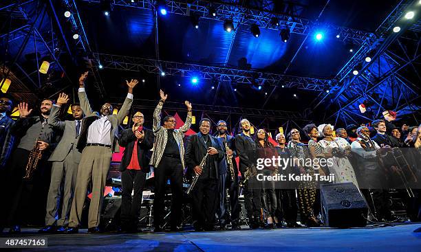 The day's performers gather on stage at the end of the 2014 International Jazz Day Global Concert on April 30, 2014 in Osaka, Japan.