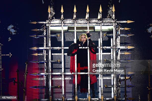 Madonna performs onstage during her "Rebel Heart" tour opener at Bell Centre on September 9, 2015 in Montreal, Canada.
