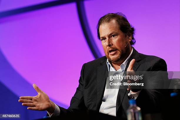 Marc Benioff, chairman and chief executive officer of Salesforce.com Inc., speaks at the annual Milken Institute Global Conference in Beverly Hills,...