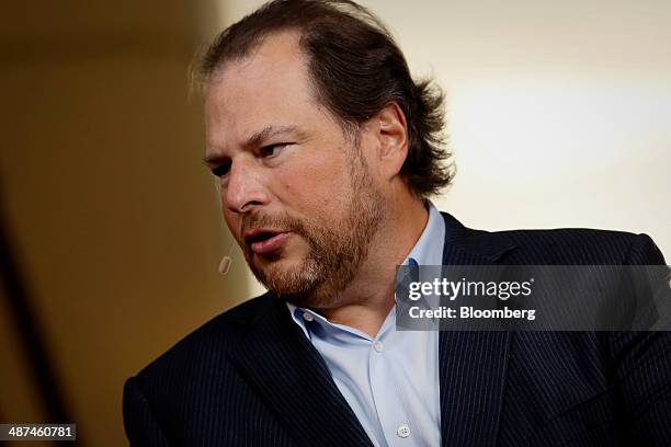 Marc Benioff, chairman and chief executive officer of Salesforce.com, speaks during an interview at the annual Milken Institute Global Conference in...