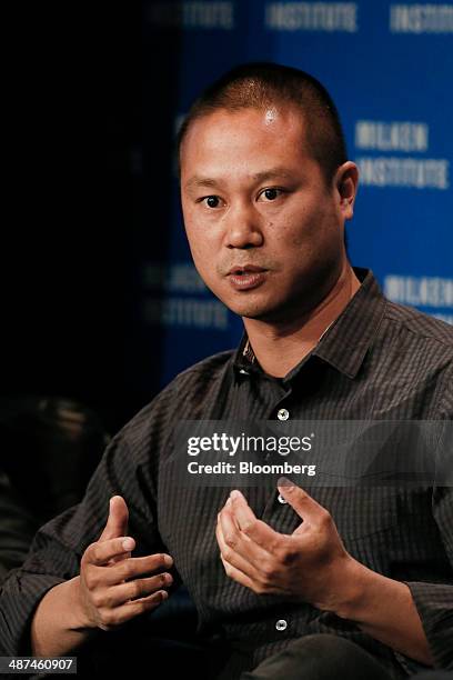 Tony Hsieh, chief executive officer of Zappos.com Inc., speaks at the annual Milken Institute Global Conference in Beverly Hills, California, U.S.,...