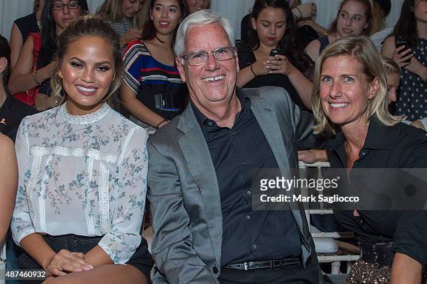 Model Chrissy Teigen, Kohl's CEO Kevin Mansell and Kohl's Senior VP Bevin Bailis attend the Lauren Conrad Spring 2016 New York Fashion Week at...
