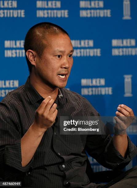 Tony Hsieh, chief executive officer of Zappos.com Inc., speaks at the annual Milken Institute Global Conference in Beverly Hills, California, U.S.,...