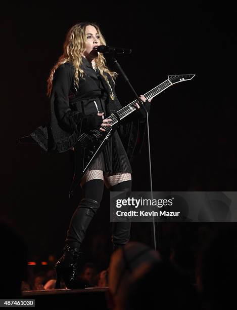 Madonna performs onstage during her "Rebel Heart" tour opener at Bell Centre on September 9, 2015 in Montreal, Canada.