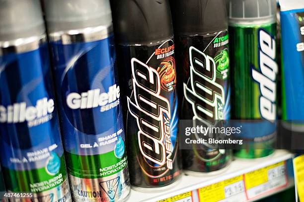 Energizer Holdings Inc. Edge brand shaving gel sits on display in a supermarket in Princeton, Illinois, U.S., on Wednesday, April 30, 2014. Energizer...