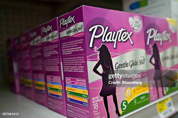 Energizer Holdings Inc. Playtex brand tampons sit on display in a supermarket in Princeton, Illinois, U.S., on Wednesday, April 30, 2014. Energizer...
