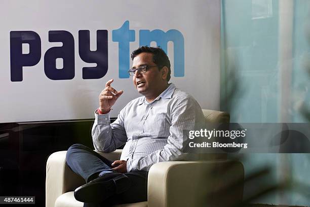 Vijay Shekhar Sharma, founder and chairman of One97 Communications Ltd., speaks during an interview at the company's headquarters in Noida, Uttar...