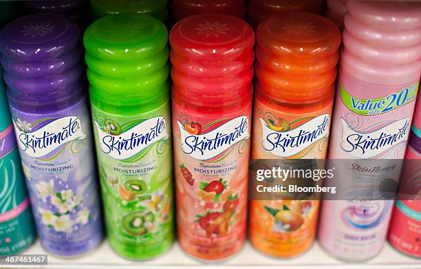 Energizer Holdings Inc. Skintimate brand shave gel sits on display in a supermarket in Princeton, Illinois, U.S., on Wednesday, April 30, 2014....