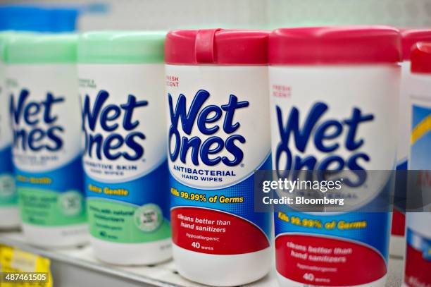 Energizer Holdings Inc. Wet Ones brand hand wipes sit on display in a supermarket in Princeton, Illinois, U.S., on Wednesday, April 30, 2014....
