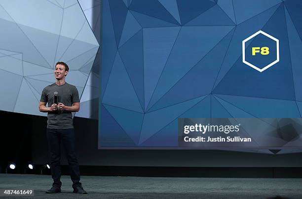 Facebook CEO Mark Zuckerberg delivers the opening kenote at the Facebook f8 conference on April 30, 2014 in San Francisco, California. Facebook CEO...