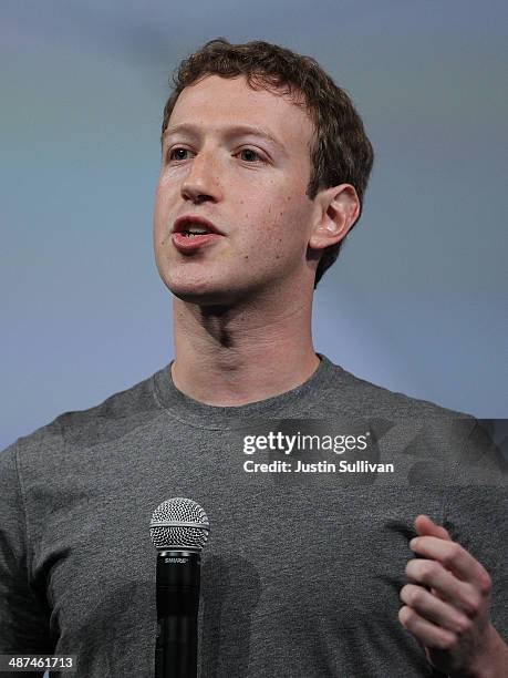 Facebook CEO Mark Zuckerberg delivers the opening kenote at the Facebook f8 conference on April 30, 2014 in San Francisco, California. Facebook CEO...