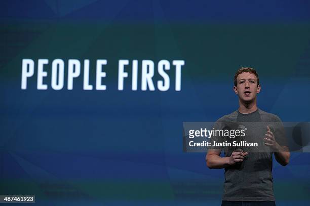 Facebook CEO Mark Zuckerberg delivers the opening kenote at the Facebook f8 conference on April 30, 2014 in San Francisco, California. Facebook CEO...