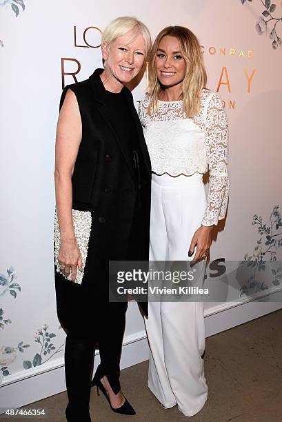 Editor-in-Cheif of Cosmopolitan Joanna Coles and designer Lauren Conrad pose backstage at the LC Lauren Conrad fashion show during New York Fashion...