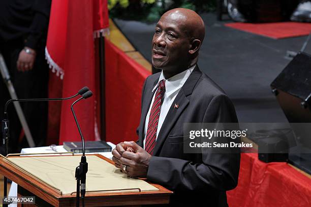 Keith Christopher Rowley speaks after being appointed the new Prime Minister of Trinidad & Tobago at Queen's Hall in Port of Spain, Trinidad on...