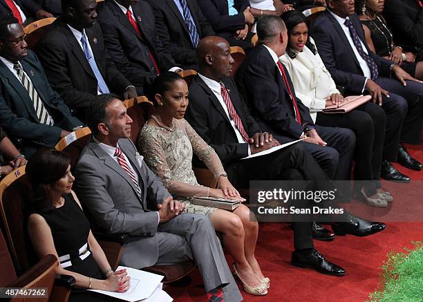 Keith Christopher Rowley , Prime Minister of Trinidad & Tobago, and his wife Sharon Rowley watch a performance during her husband's swearing-in...