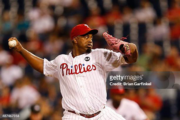 Jerome Williams of the Philadelphia Phillies throws a pitch in the fifth inning of the game against the Atlanta Braves at Citizens Bank Park on...