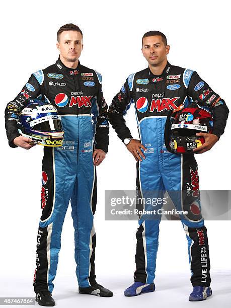 Mark Winterbottom and Steve Owen of Prodrive Racing Australia pose during the 2015 V8 Supercars Enduro pairing portrait session at Sandown...