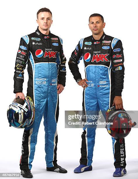 Mark Winterbottom and Steve Owen of Prodrive Racing Australia pose during the 2015 V8 Supercars Enduro pairing portrait session at Sandown...