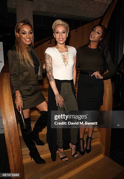 Karis Anderon, Courtney Rumbold and Alexandra Buggs of Stooshe attend the Notion Magazine X Swatch Issue 70 launch party at Chotto Matte on September...