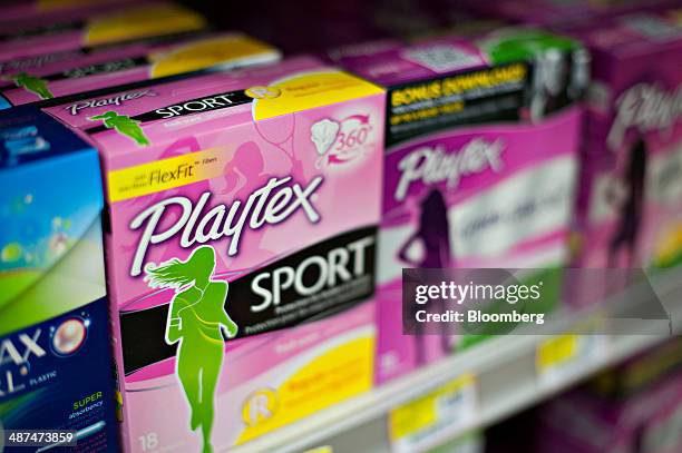 Energizer Holdings Inc. Playtex brand tampons sit on display in a supermarket in Princeton, Illinois, U.S., on Wednesday, April 30, 2014. Energizer...