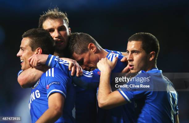 Fernando Torres of Chelsea reacts with team mates after scoring the opening goal during the UEFA Champions League semi-final second leg match between...