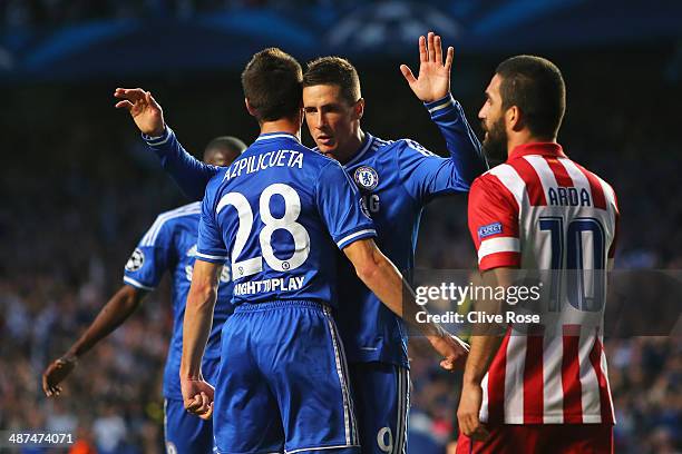 Fernando Torres of Chelsea celebrates scoring the opening goal with Cesar Azpilicueta of Chelsea during the UEFA Champions League semi-final second...