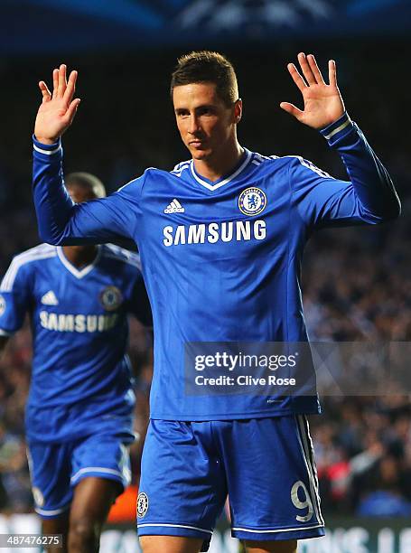 Fernando Torres of Chelsea celebrates scoring the opening goal during the UEFA Champions League semi-final second leg match between Chelsea and Club...